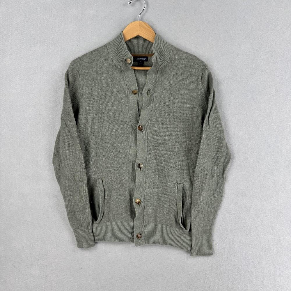 Peter Millar Sweater Mens XS Green Wool Mock Neck Button Cardigan Knit England